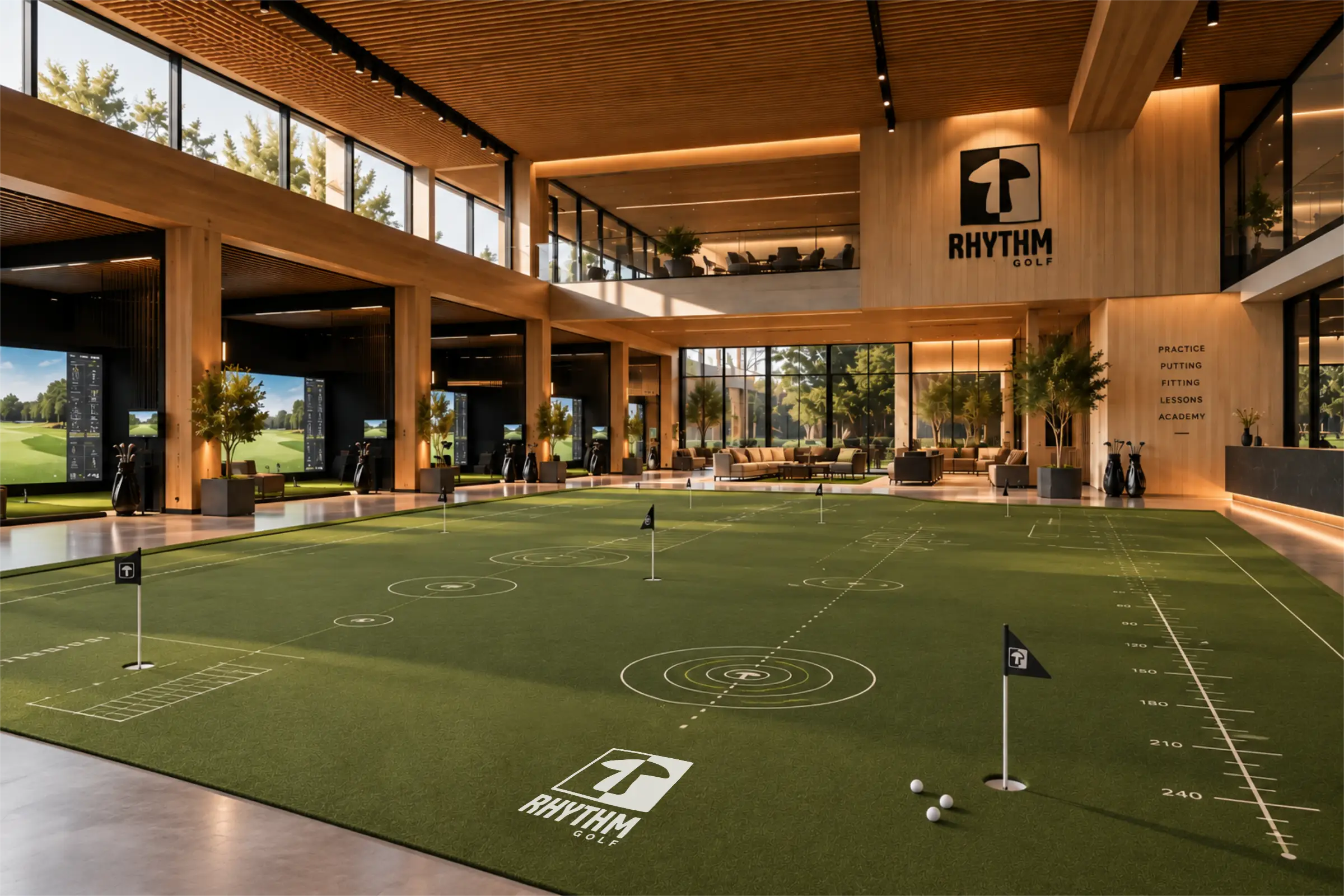 Indoor golf training center with a custom Rhythm putting surface